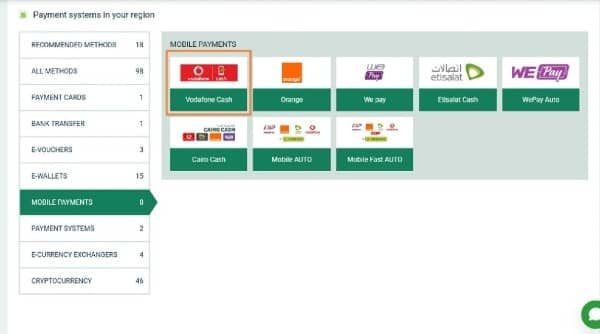 Open the cashier and select Vodafone from the available deposit options