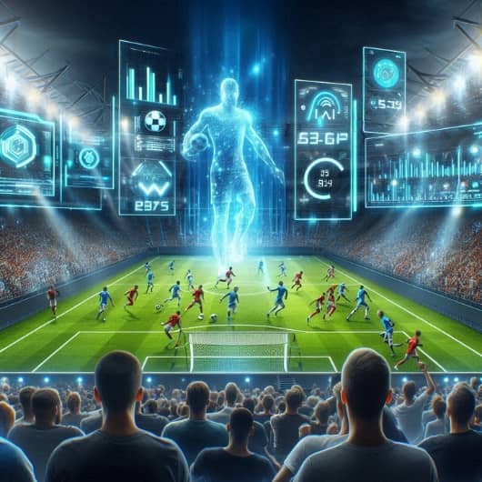 Fans watch a football match at a stadium surrounded by holograms and screens.