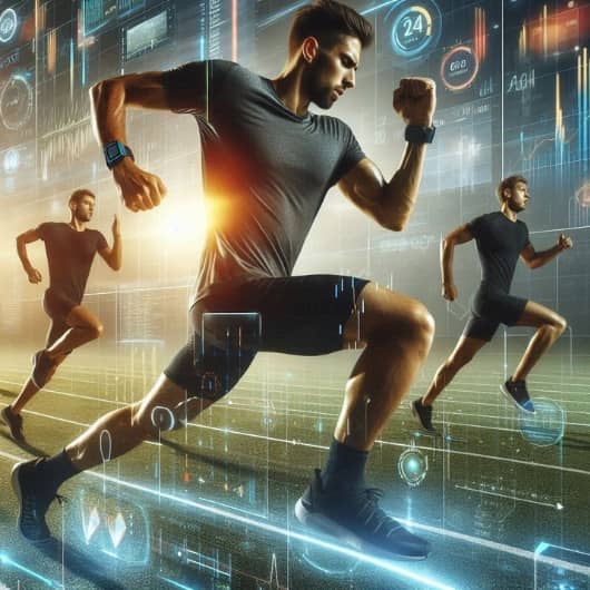 Athletes with gadgets against a hologram backdrop