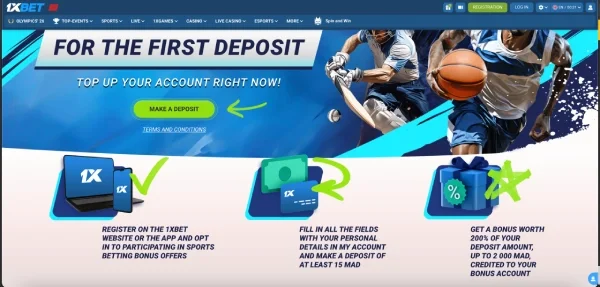 Sports betting in Morocco: 1xbets first deposit promotion page