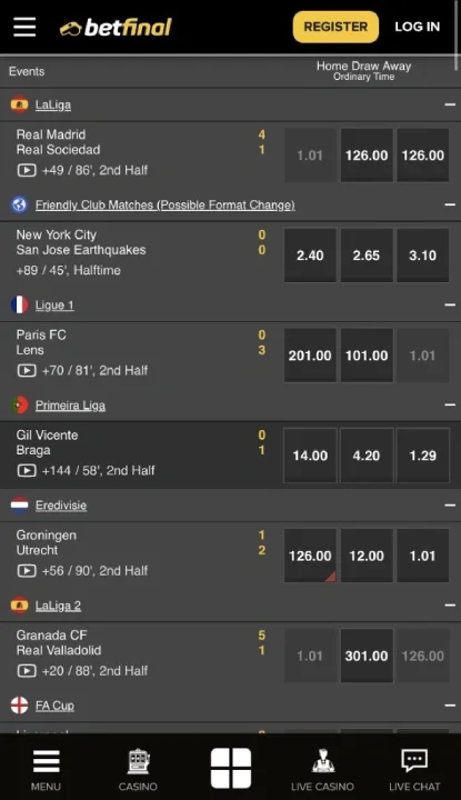 Online Sports Betting: Betfinal mobile interface