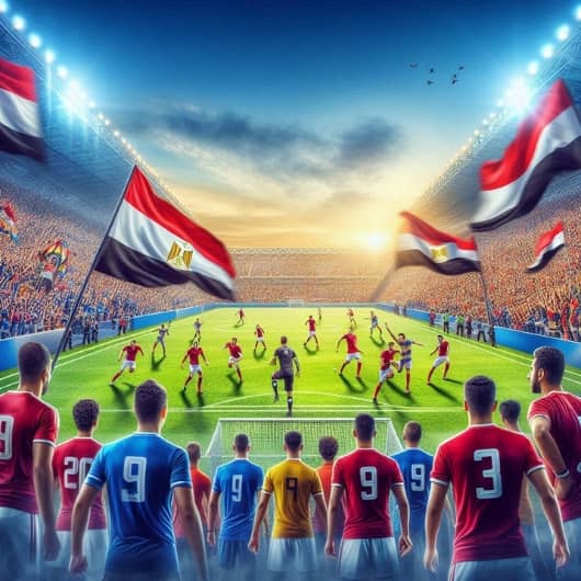 لاعبو كرة القدم في الملعب على خلفية الأعلام المصرية