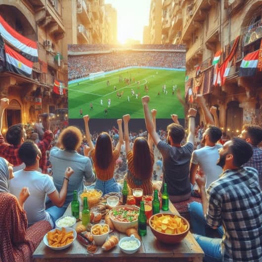 الناس يشاهدون كرة القدم في الشارع مع الأعلام المصرية في الخلفية
