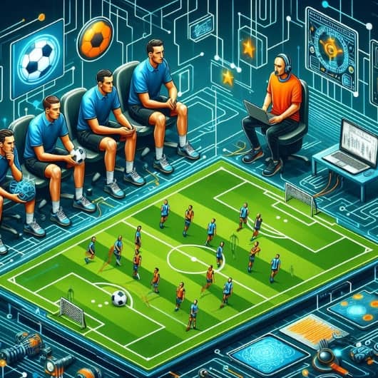 يتابع اللاعبون والمدرب المباراة من خلال صورة ثلاثية الأبعاد