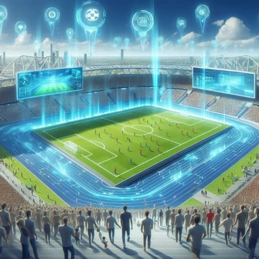 ملعب كرة قدم أثناء المباراة محاطًا بالصور المجسمة وشاشتين