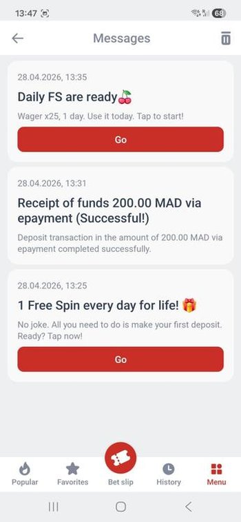 إشعارات البونص واللفات المجانية في Megapari
