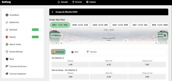 واجهة موقع Betway - كأس العالم 2026