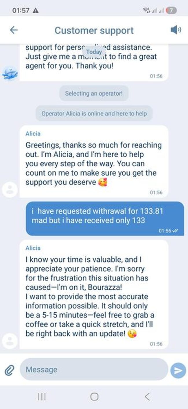 محادثة دعم عملاء 1xBet - الوكيلة Alicia